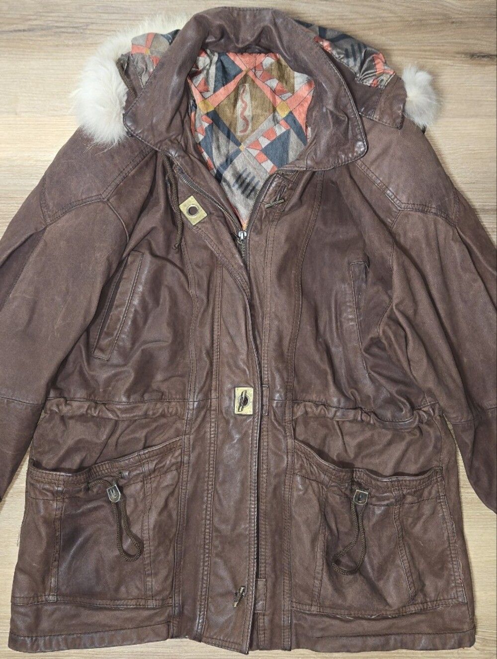 Vintage Brown Leather Jacket with Fur-Trim Hood